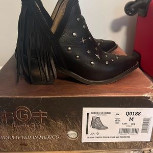 Circle G cowhide fringe black booties with stud detail